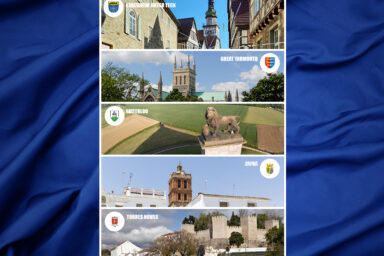 Photo de chaque ville jumelée et le nom des villes : KIRCHHEIM UNTER TECK, GREAT YARMOUTH, WATERLOO, ZAFRA, TORRES NOVAS.